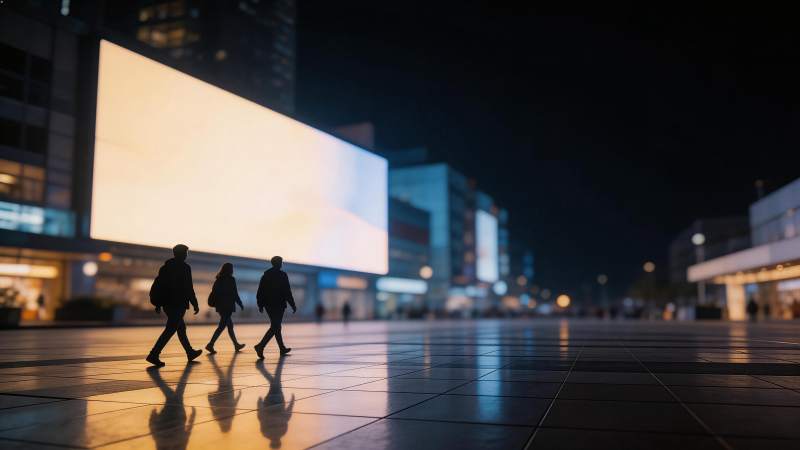 夜晚城市广场三人行走剪影与发光广告屏图片