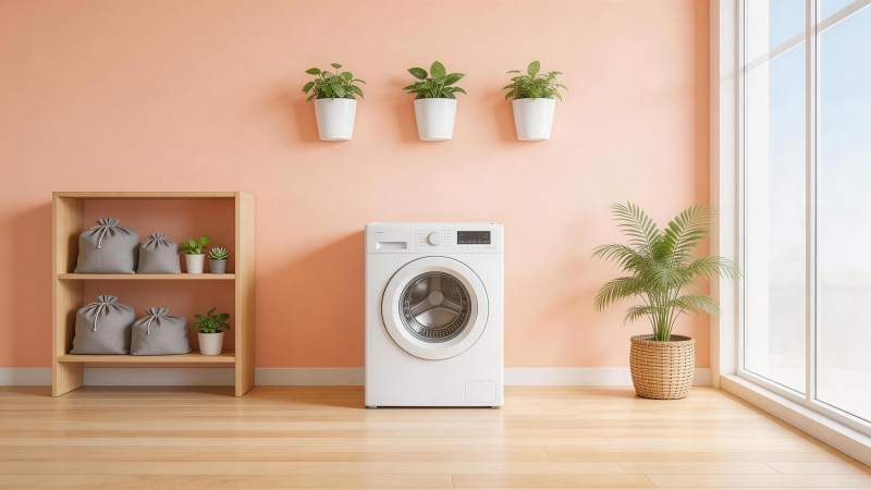 室内洗衣区布置含洗衣机绿植与收纳架图片