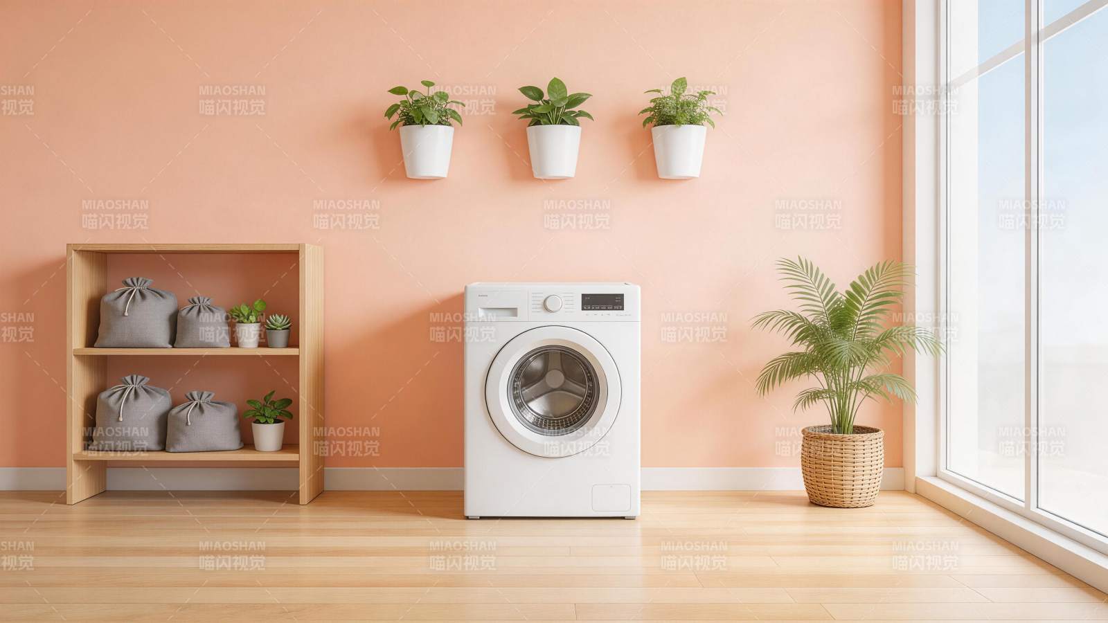 室内洗衣区布置含洗衣机绿植与收纳架图片