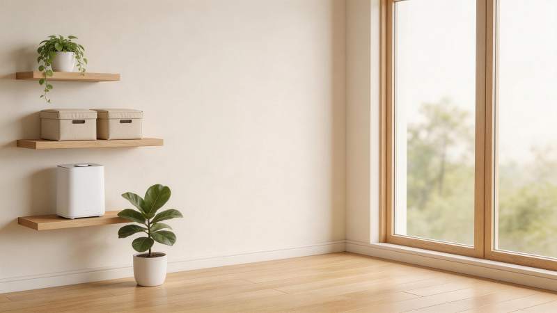 木质置物架绿植与窗边室内角落布置图片