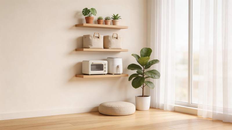 木质置物架摆放绿植小家电与坐垫的室内角落图片