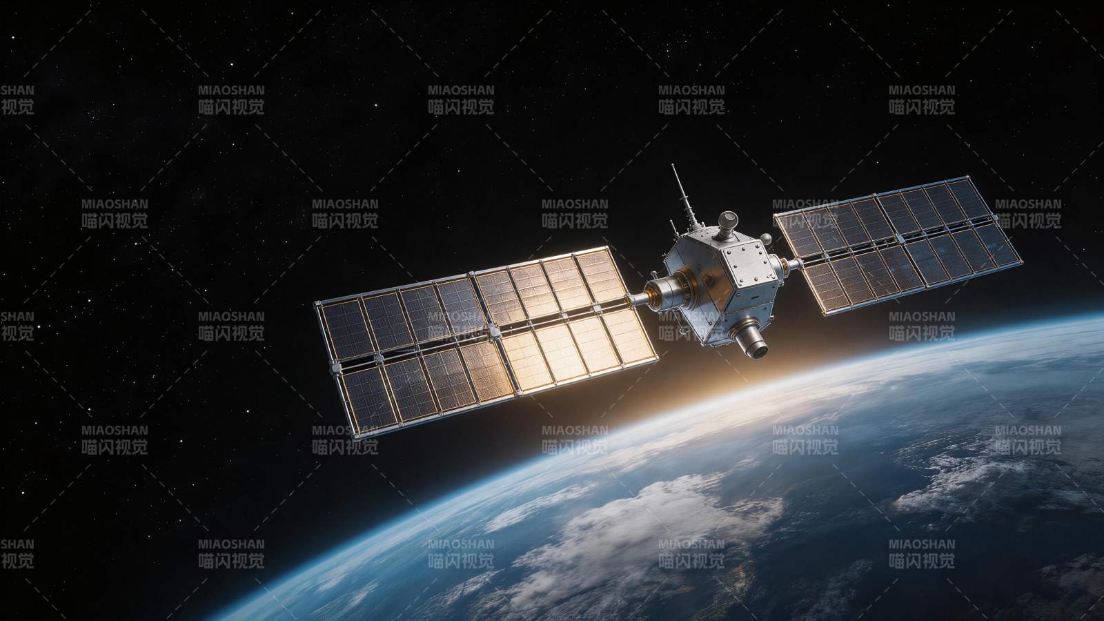 人造卫星在地球轨道上运行的太空景象图片