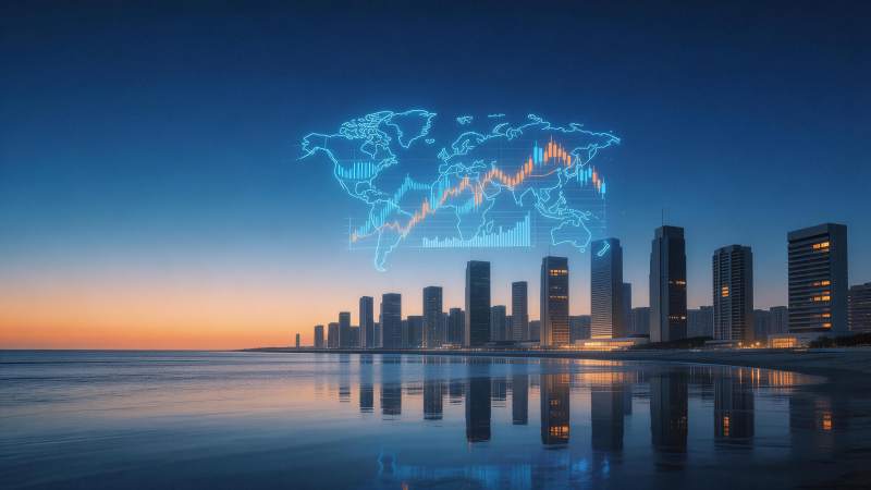 城市天际线与全息世界地图金融图表叠加夜景图片