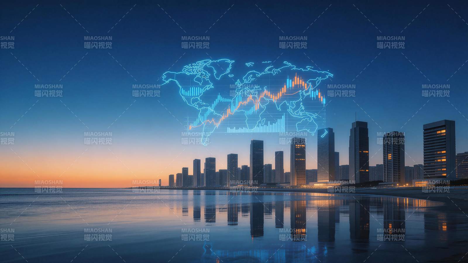 城市天际线与全息世界地图金融图表叠加夜景图片