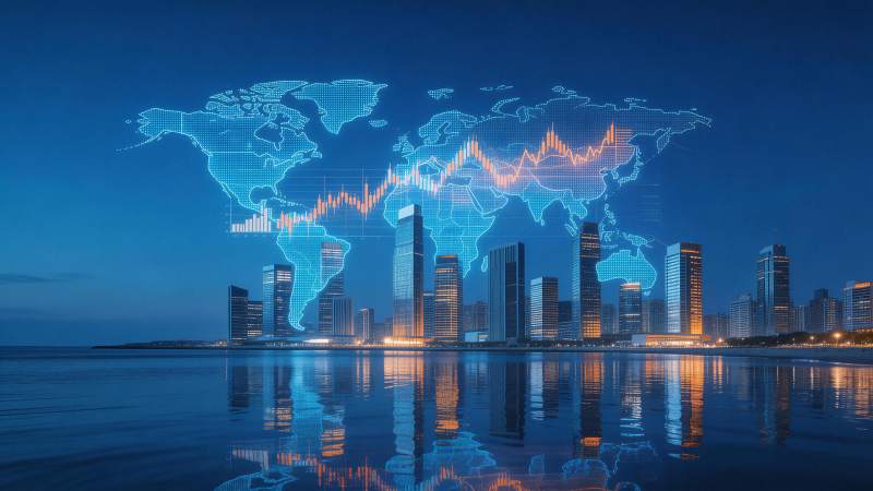 城市夜景叠加世界地图与金融数据图表图片