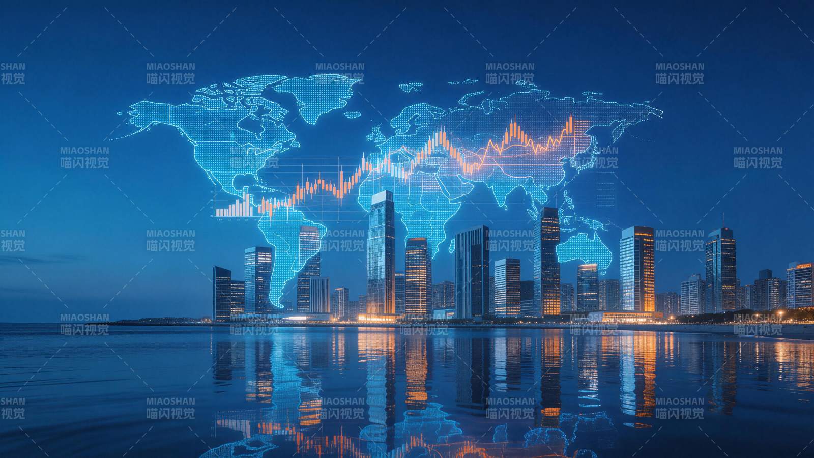 城市夜景叠加世界地图与金融数据图表图片