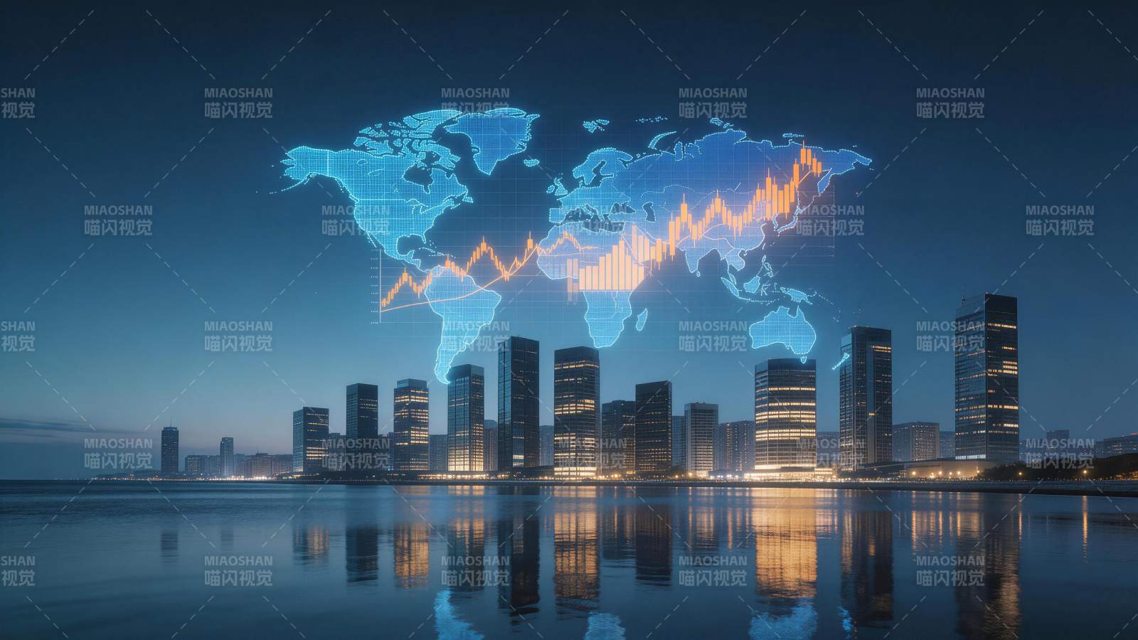 夜景城市天际线叠加世界地图与金融图表图片