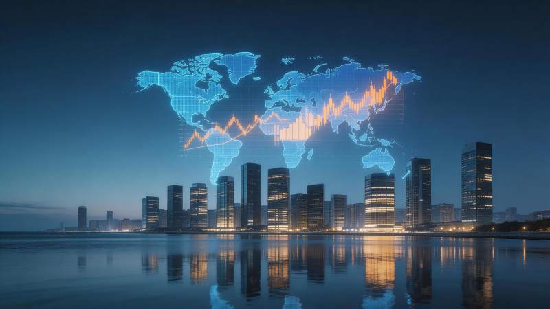 夜景城市天际线叠加世界地图与金融图表图片