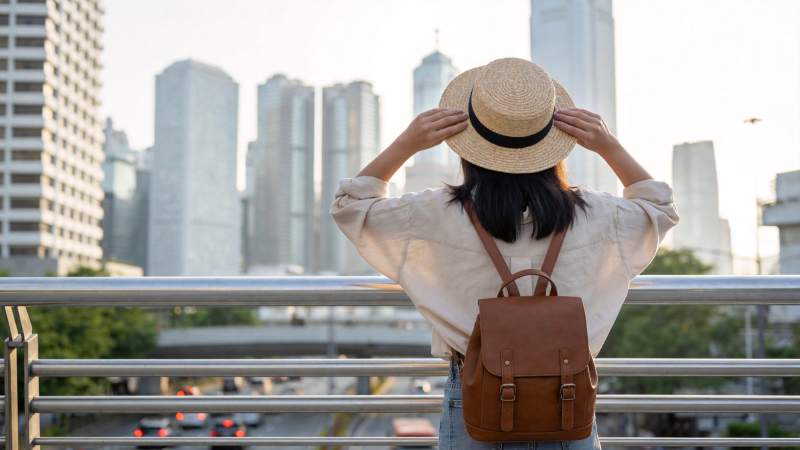 女子戴草帽背背包眺望城市高楼景观图片
