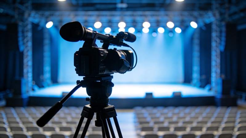 专业摄像机架设于空旷舞台前方拍摄现场图片