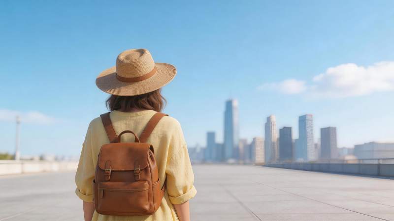 戴草帽背背包的女子眺望城市天际线图片