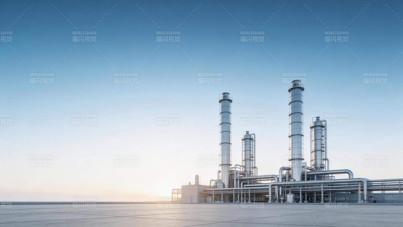 工业厂区高耸塔罐与纵横管道设施全景图片