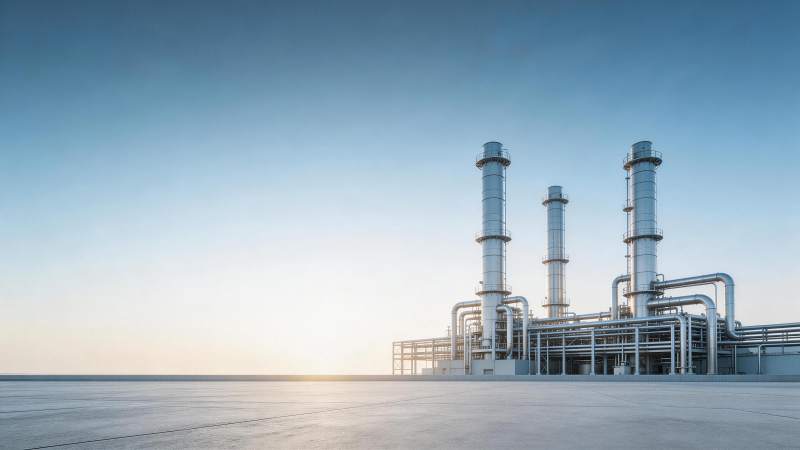 工业厂区高耸烟囱与管道系统全景图片