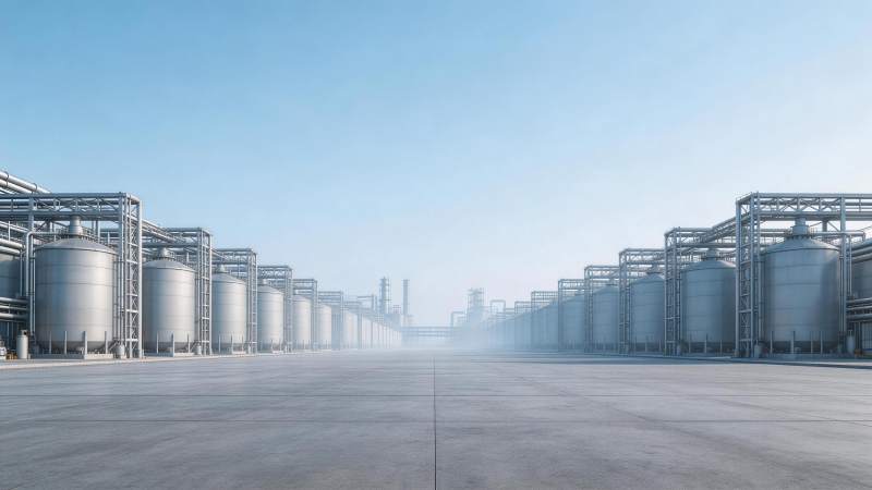大型工业储罐区整齐排列于开阔厂区图片