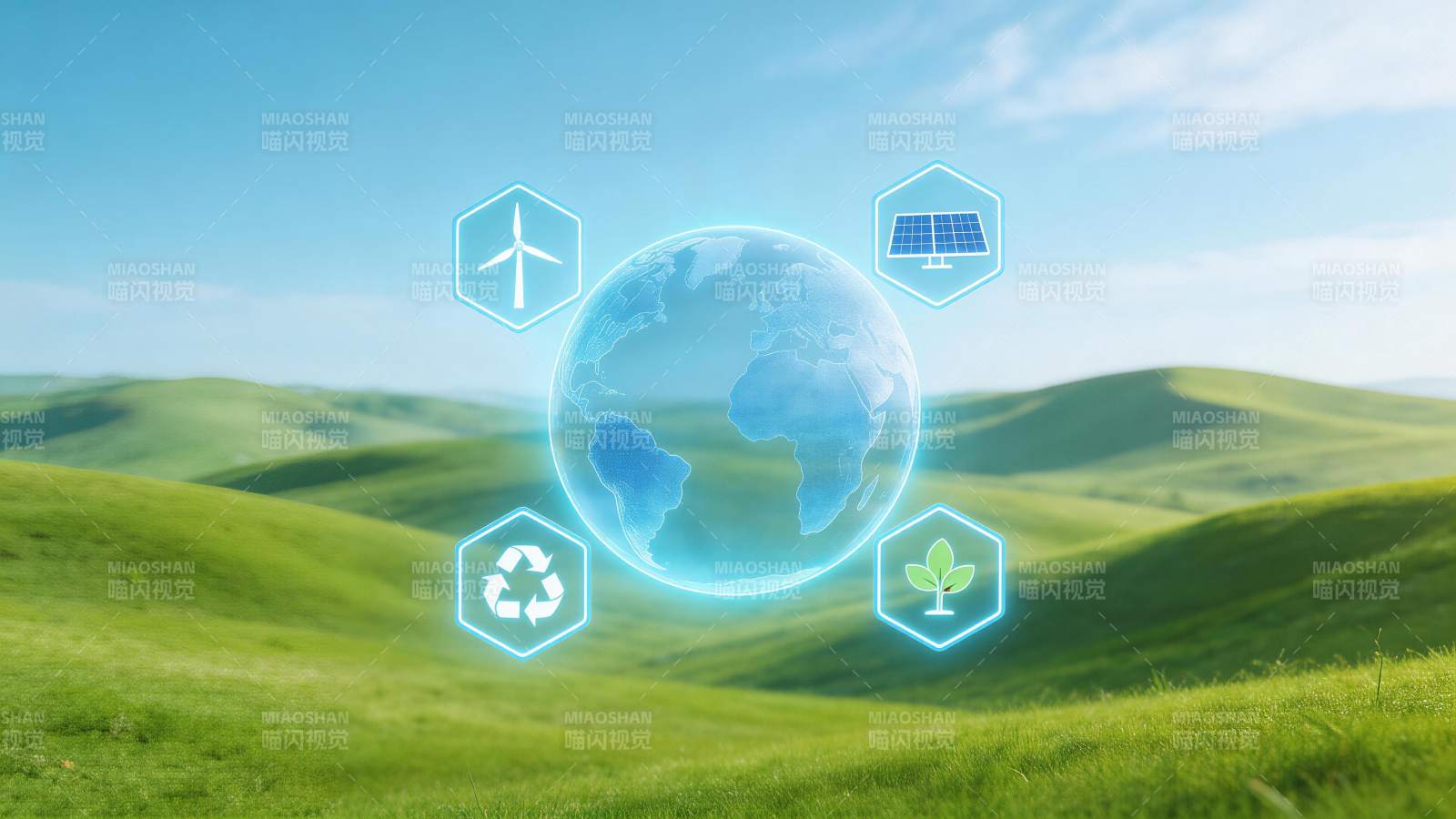 绿色丘陵背景下的地球与可持续能源图标组合图片