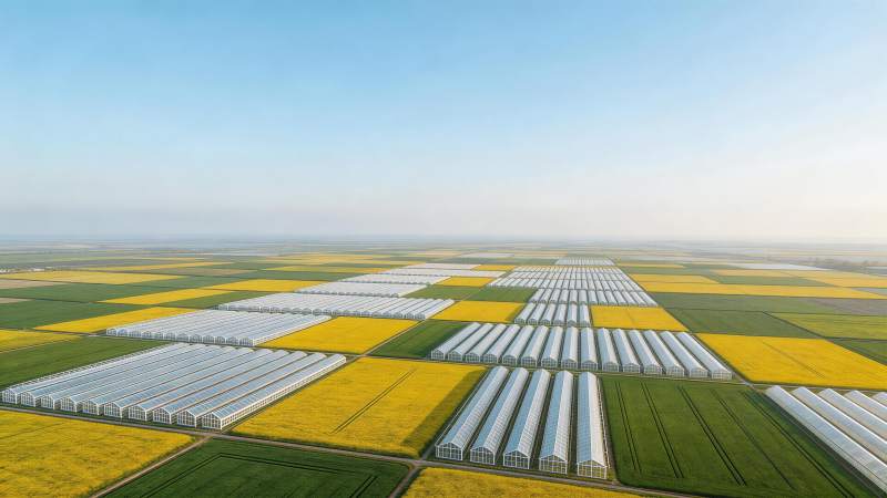 大片农田与整齐排列的温室大棚航拍景观图片