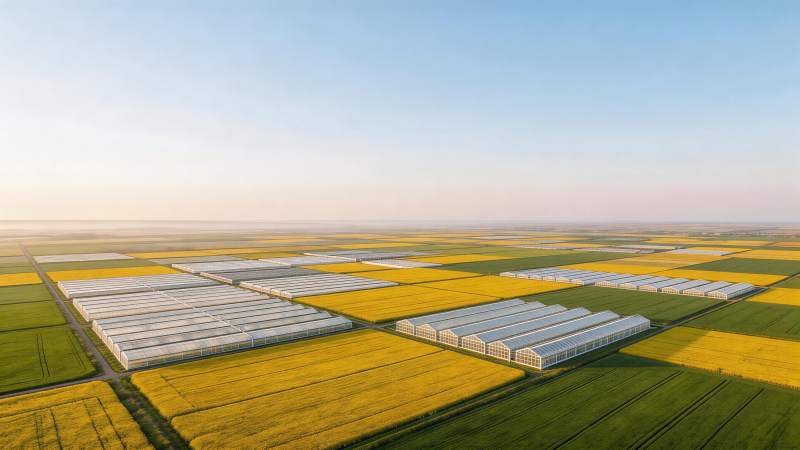 大片农田中整齐排列的温室大棚群图片