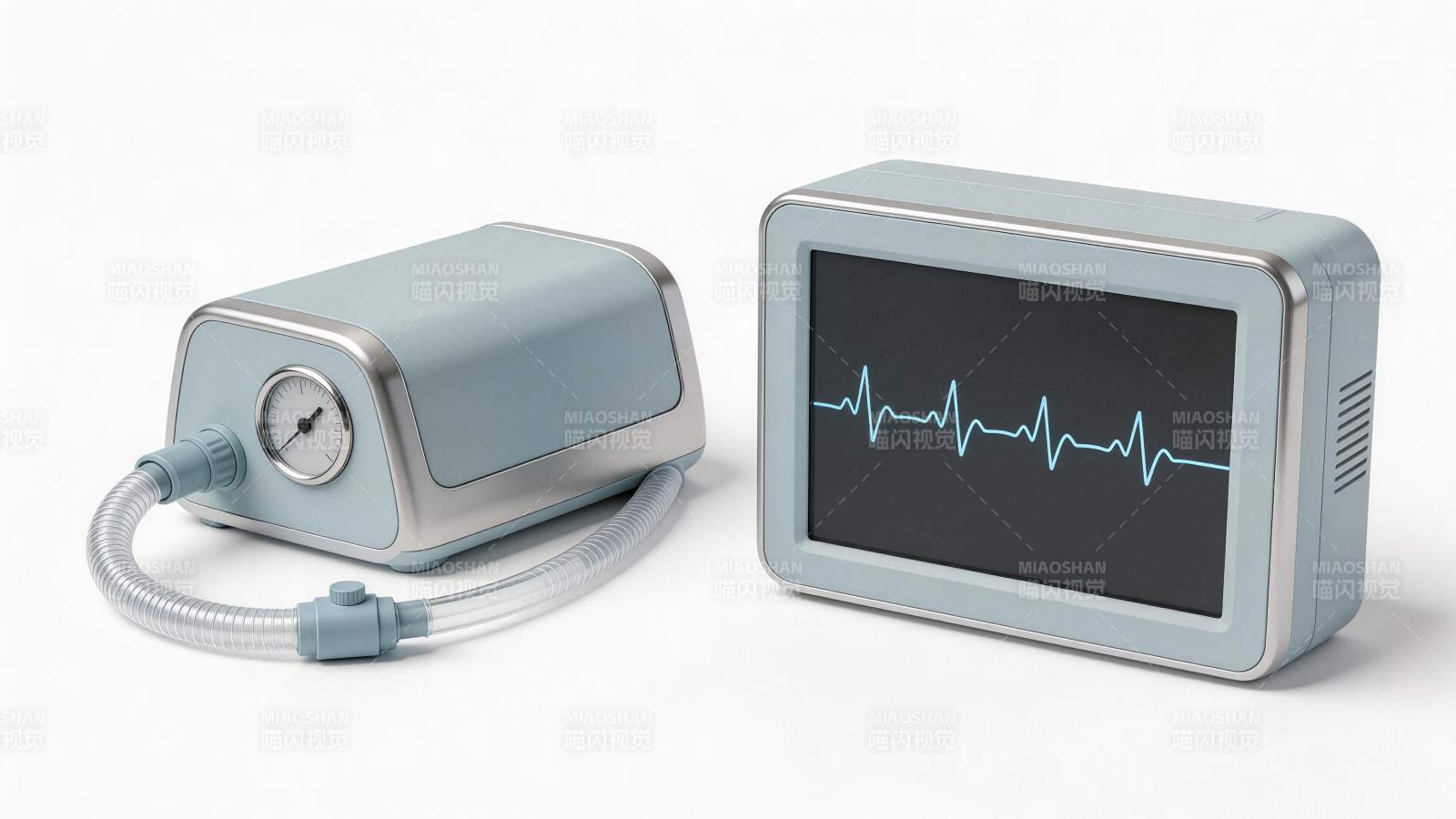 浅蓝医疗设备显示心电波形与压力表图片