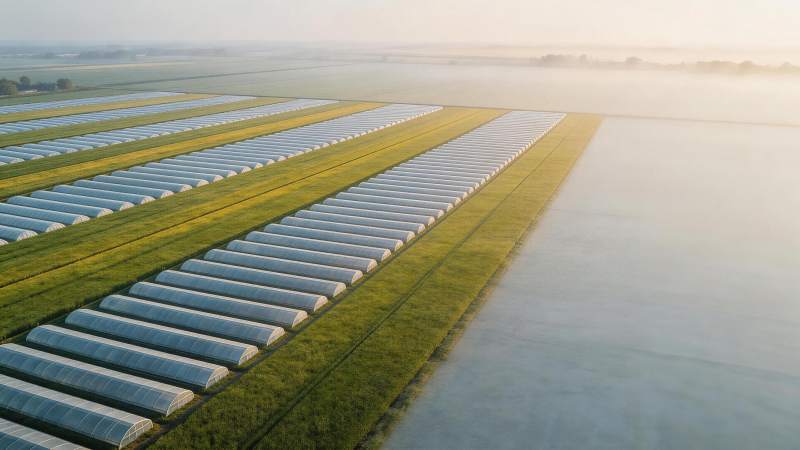 清晨雾气中整齐排列的农业温室大棚群图片