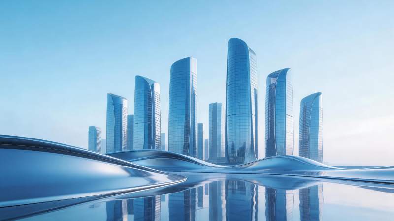 未来风格玻璃幕墙摩天大楼群与流线型地面图片