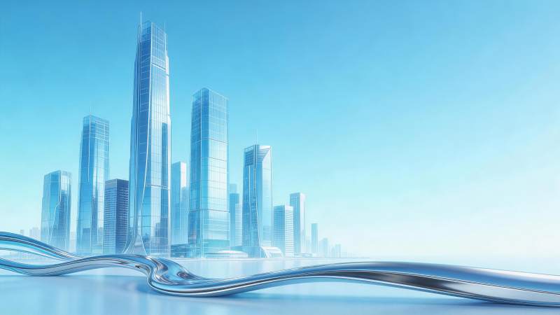 现代玻璃幕墙摩天大楼群与金属波浪造型前景图片
