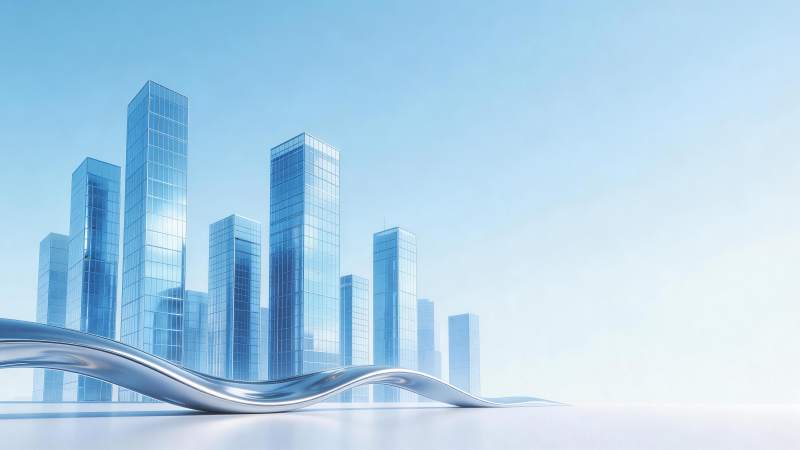 现代玻璃幕墙高楼群与波浪形金属雕塑图片