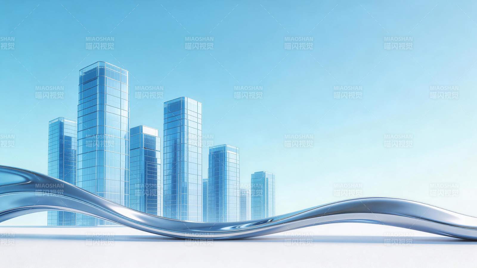 现代玻璃幕墙高楼群与金属波浪造型前景图片