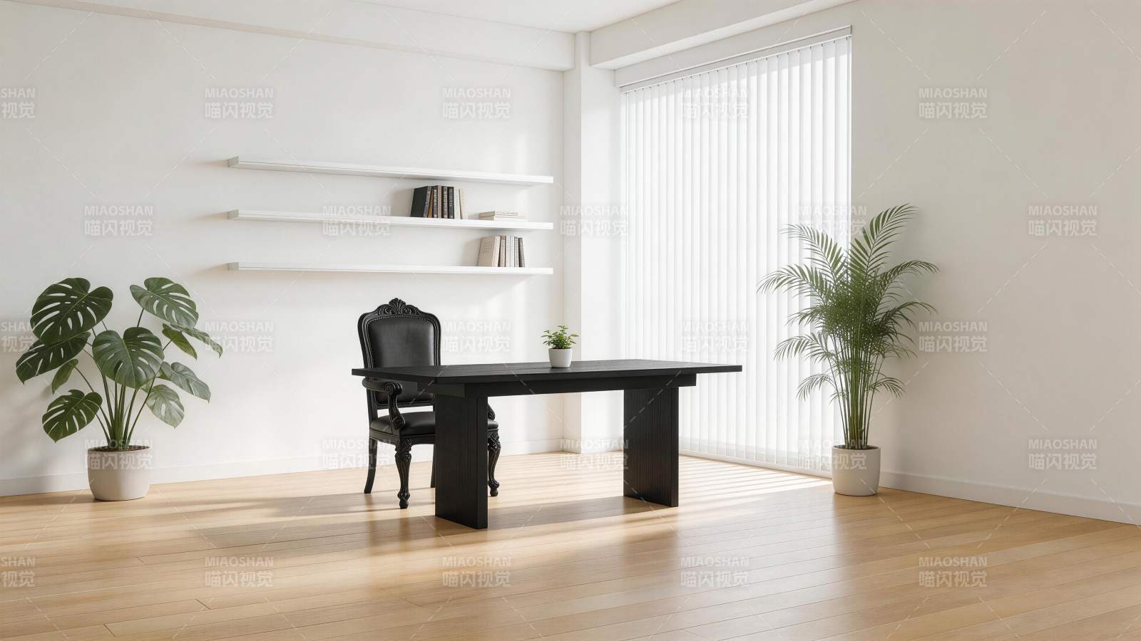 简约室内办公空间黑桌绿植白墙木地图片