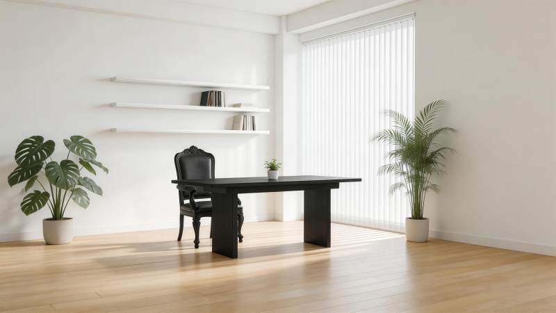 简约室内办公空间黑桌绿植白墙木地图片