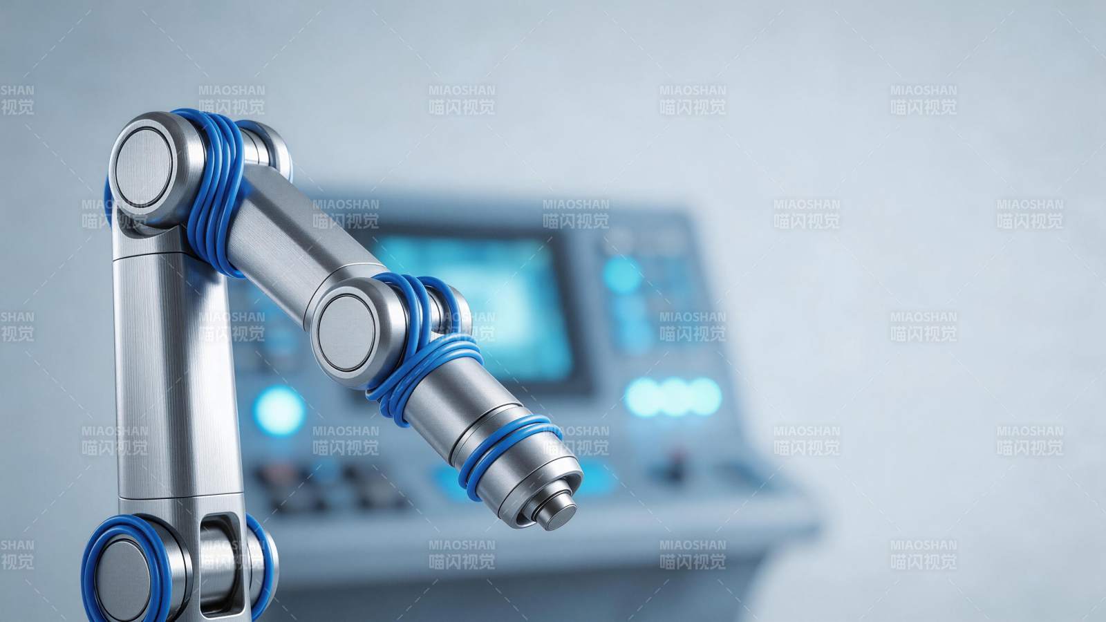 银色机械臂配蓝色线缆连接控制台设备图片