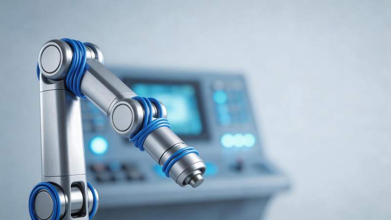 银色机械臂配蓝色线缆连接控制台设备图片