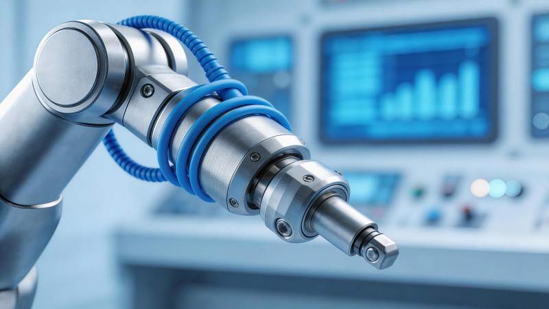 工业机械臂特写展示精密金属结构与蓝色管线图片