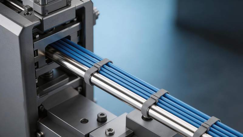 工业机械夹持蓝色线缆的特写场景图片