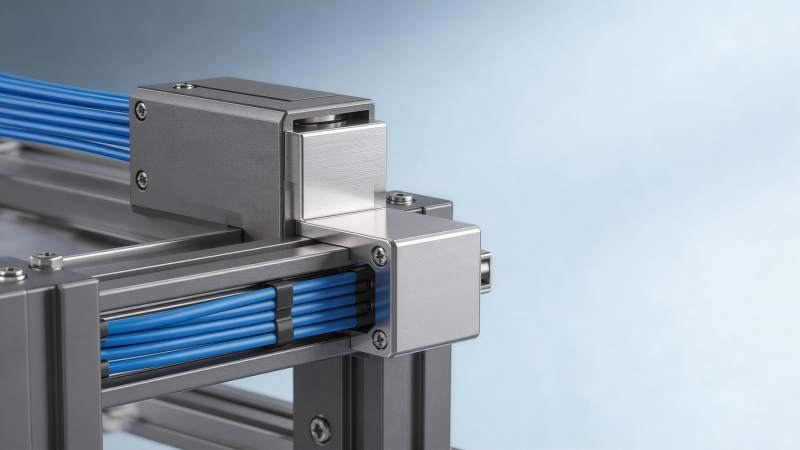 工业铝型材框架与蓝色线缆固定装置特写图片