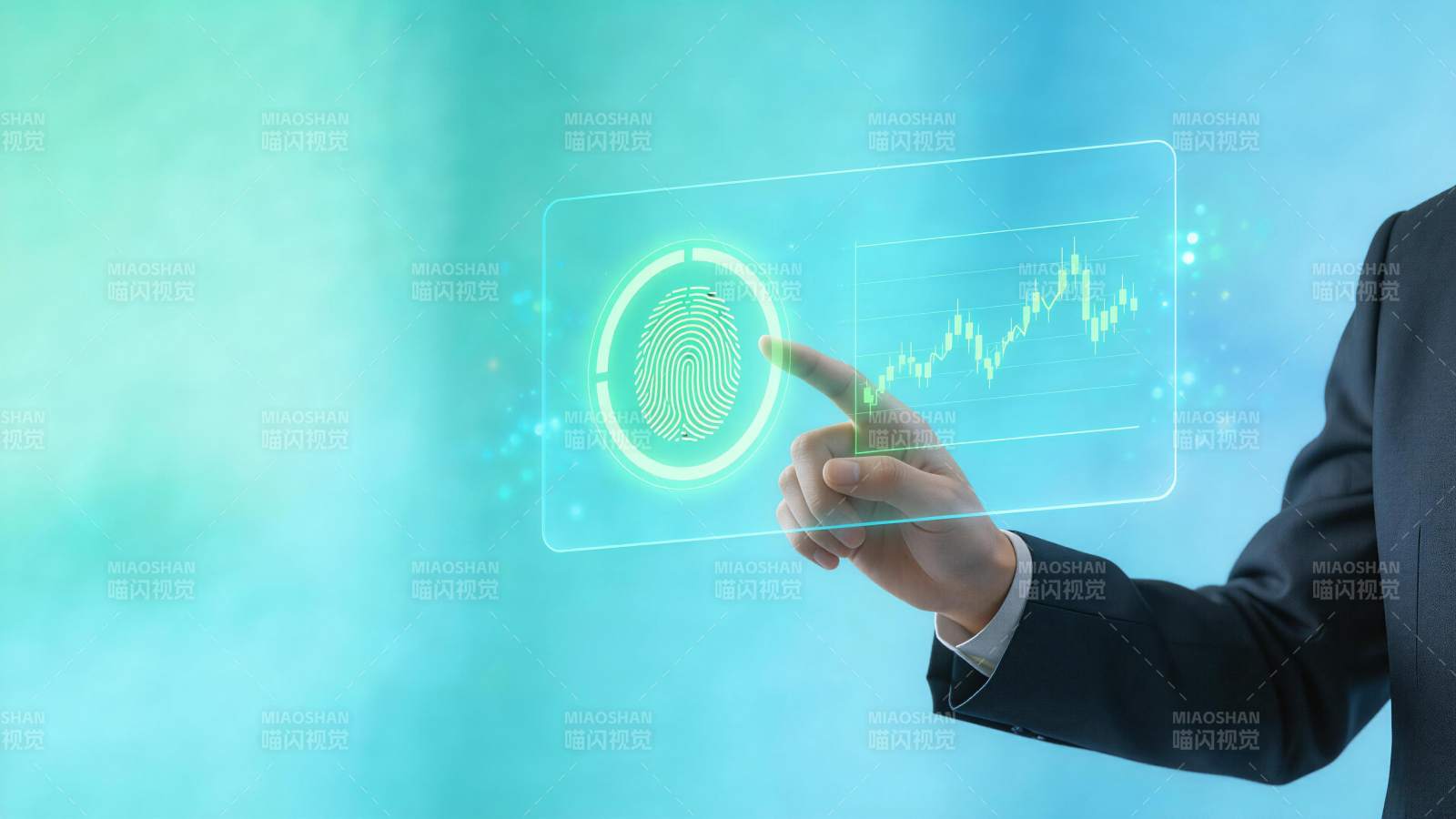 手指触控全息指纹识别与数据图表界面图片