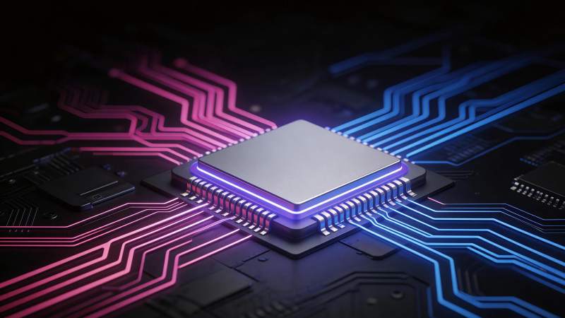 发光芯片置于彩色电路板上的科技特写图片