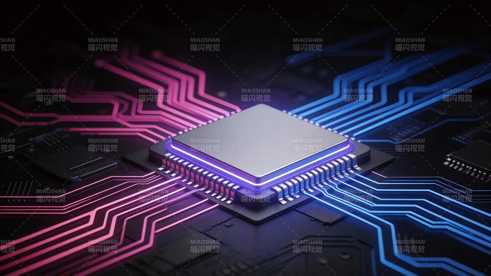 发光芯片置于彩色电路板上的科技特写图片