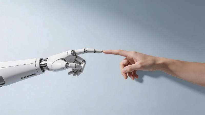 机械手臂与人类手指即将触碰的瞬间图片