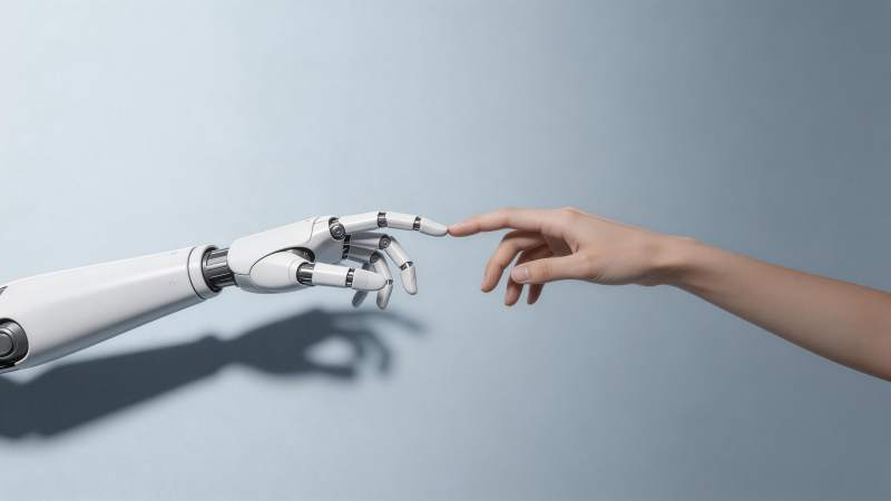 机械手臂与人类手指即将触碰的瞬间图片