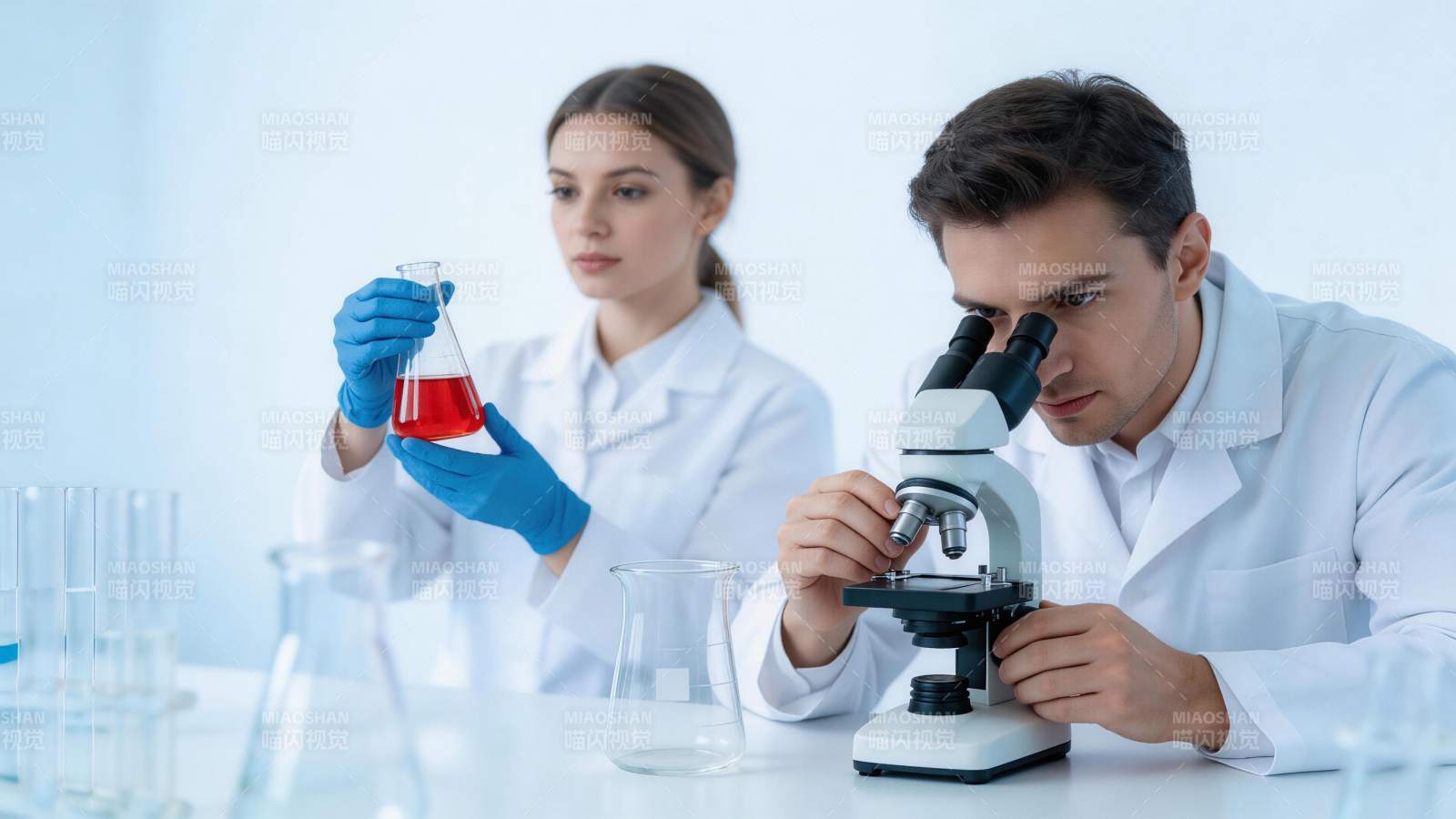 实验室中科研人员进行显微观察与溶液分析图片