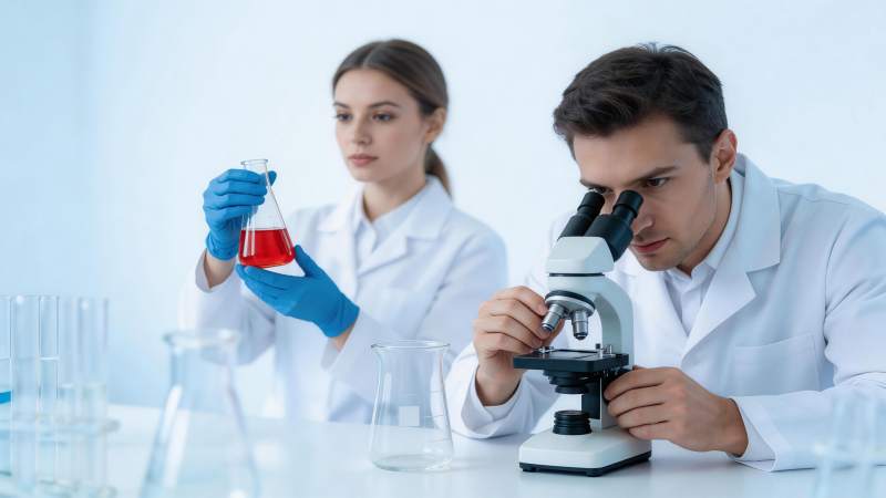 实验室中科研人员进行显微观察与溶液分析图片