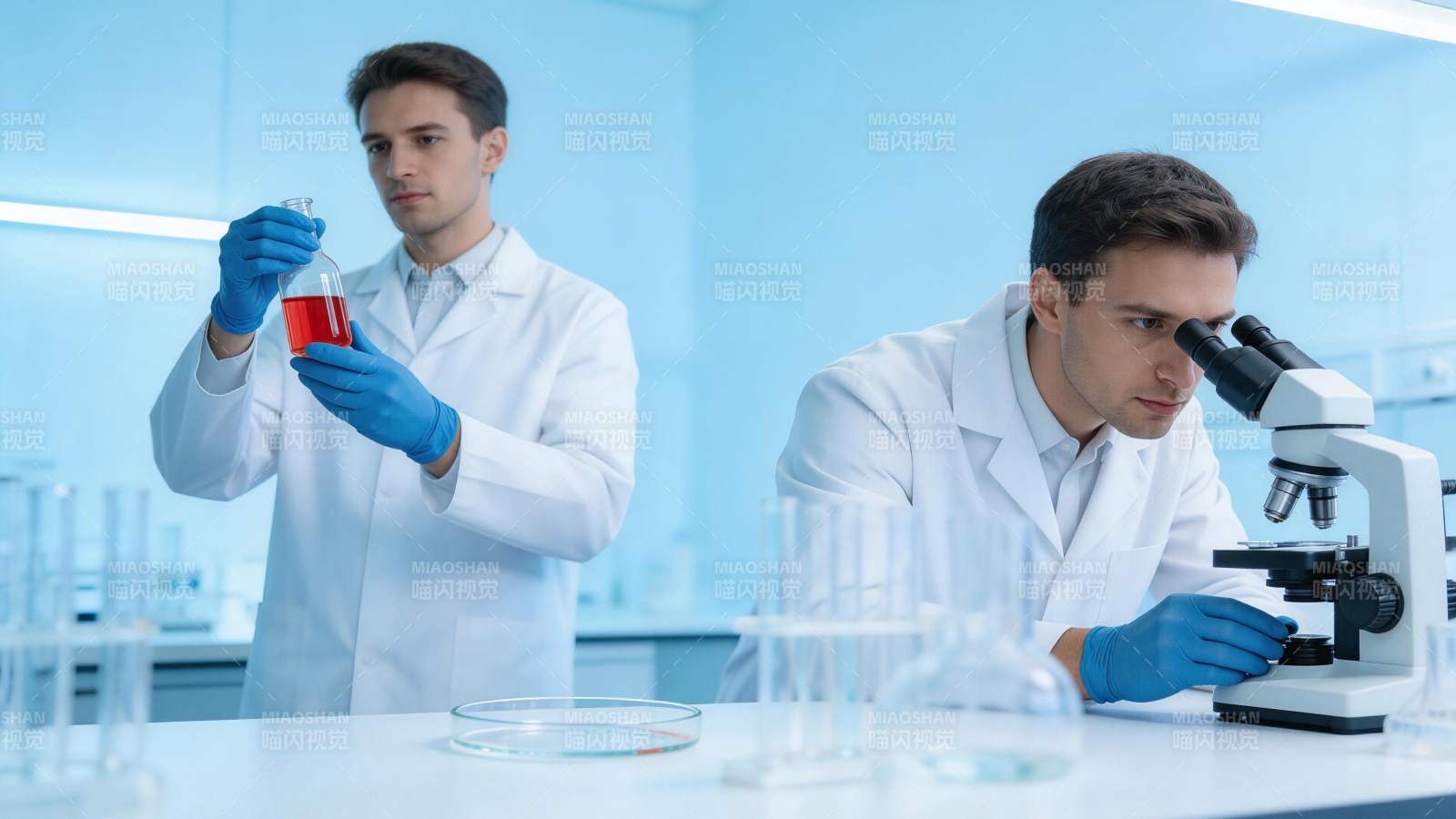 两位科研人员在实验室进行化学实验与显微观图片