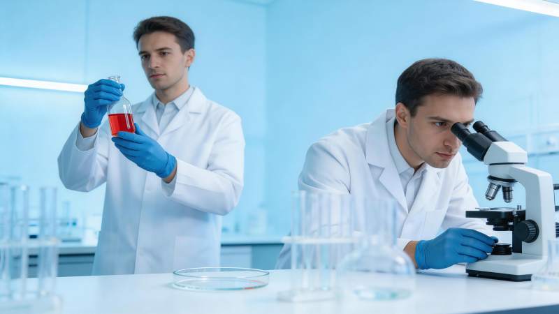 两位科研人员在实验室进行化学实验与显微观图片