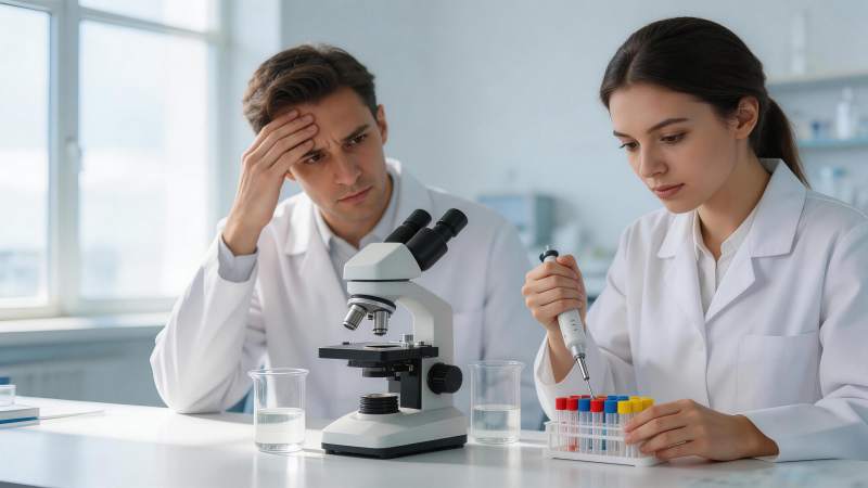 实验室中男女科研人员进行显微观察与样本处图片