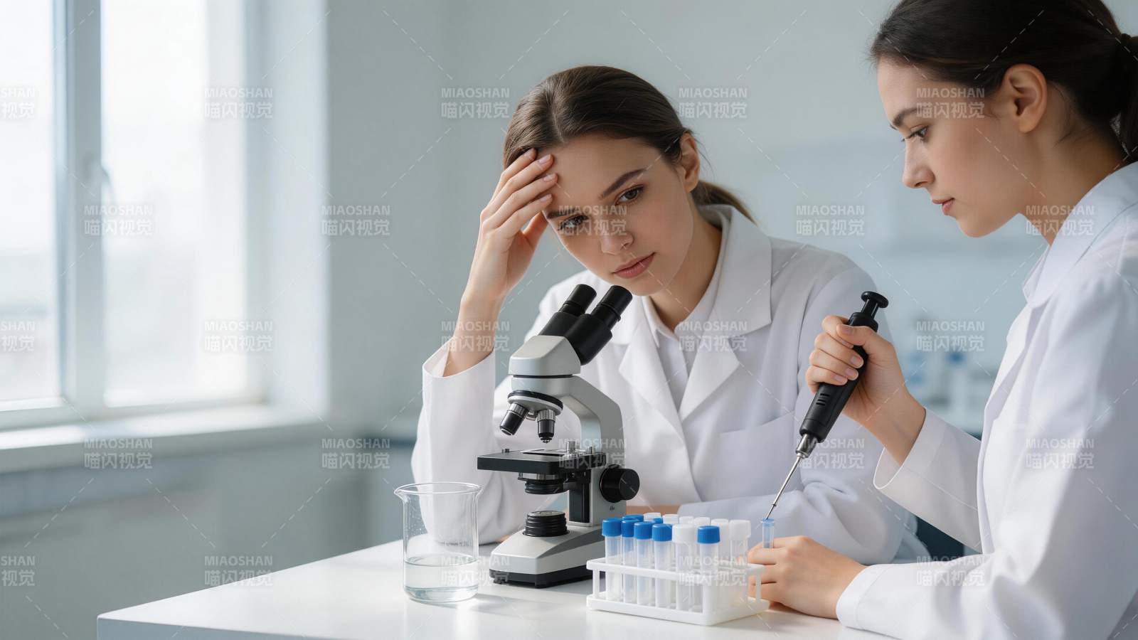 两位女科研人员在实验室进行显微观察与样本图片