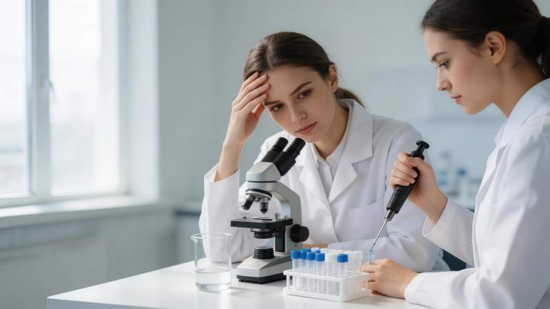 两位女科研人员在实验室进行显微观察与样本图片