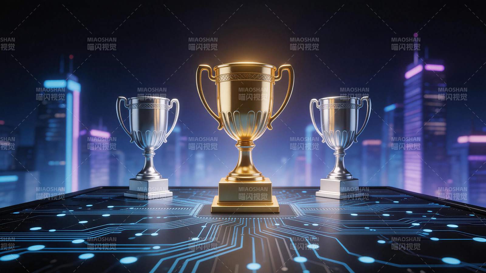 三个奖杯置于电路板平台城市夜景背景图片