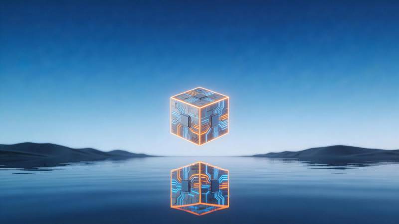 悬浮电路立方体及其水面倒影图片