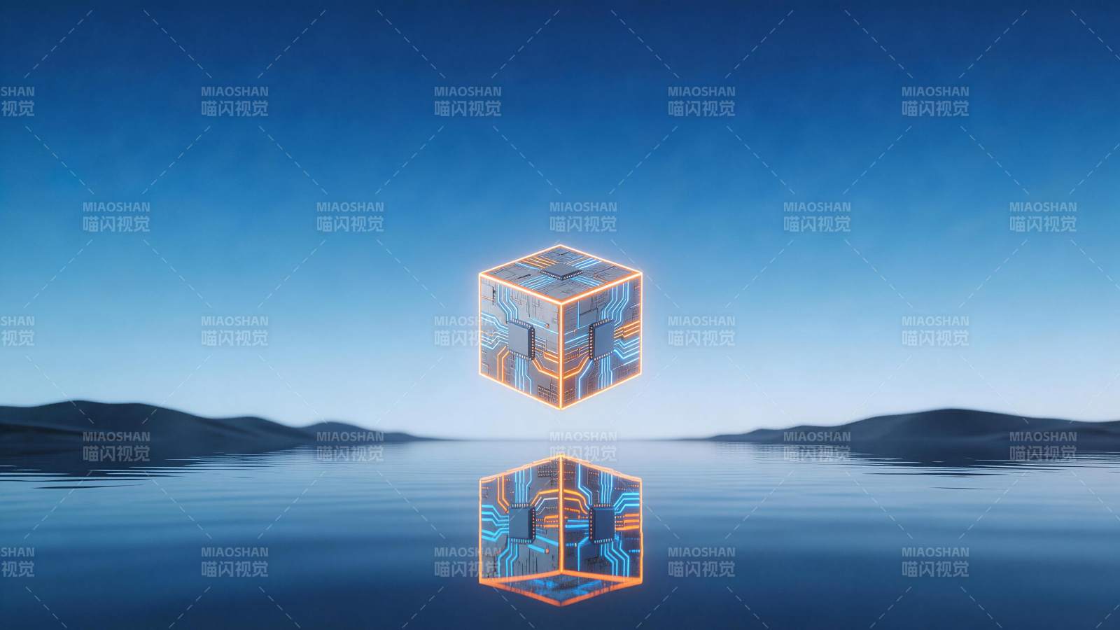 悬浮电路立方体及其水面倒影图片