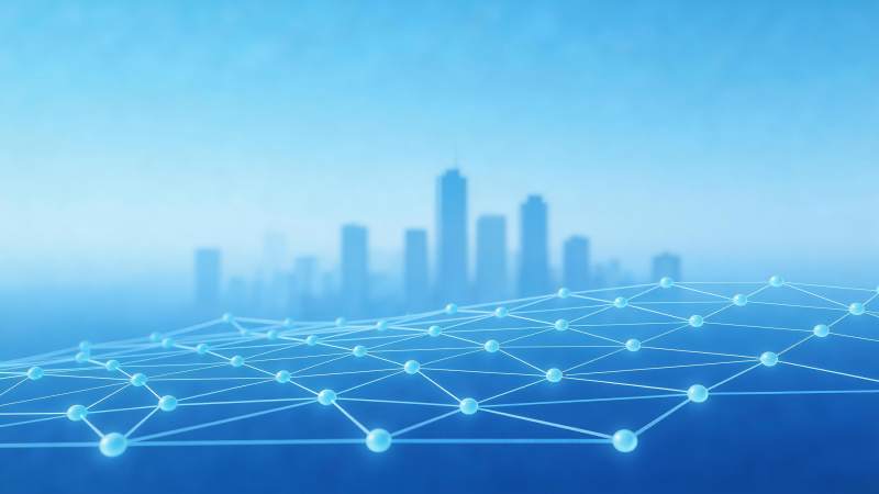 蓝色网络连接结构覆盖城市天际线背景图片